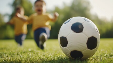 Obraz premium Baby Boy Kicking Soccer Ball on Field in Warm Sunny Day with Friends Playing