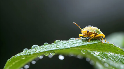 Beetle on a leaf covered in water droplets in a garden. Could be used in a gardening or nature documentary