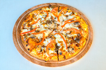 Traditional Turkish cuisine. Pizza, pita, pidesi, sucuk, hummus, kebab. Many dishes on the table. Serving dishes in restaurant. Mix, formaggi, veggie pizza. Top view, flat lay