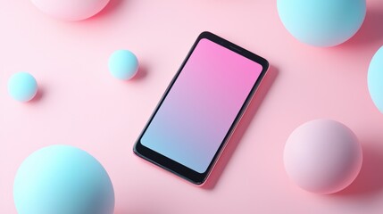 Black smartphone lying on a pink background. the phone has a blank screen and is positioned in the center of the image.