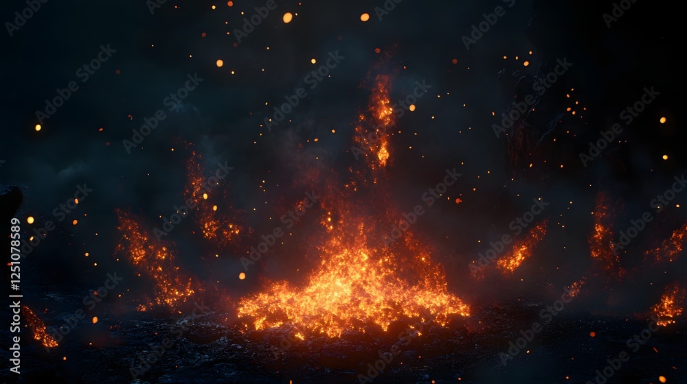 Poster a dramatic and intense scene of an explosive fiery blaze engulfing the landscape with a powerful bur