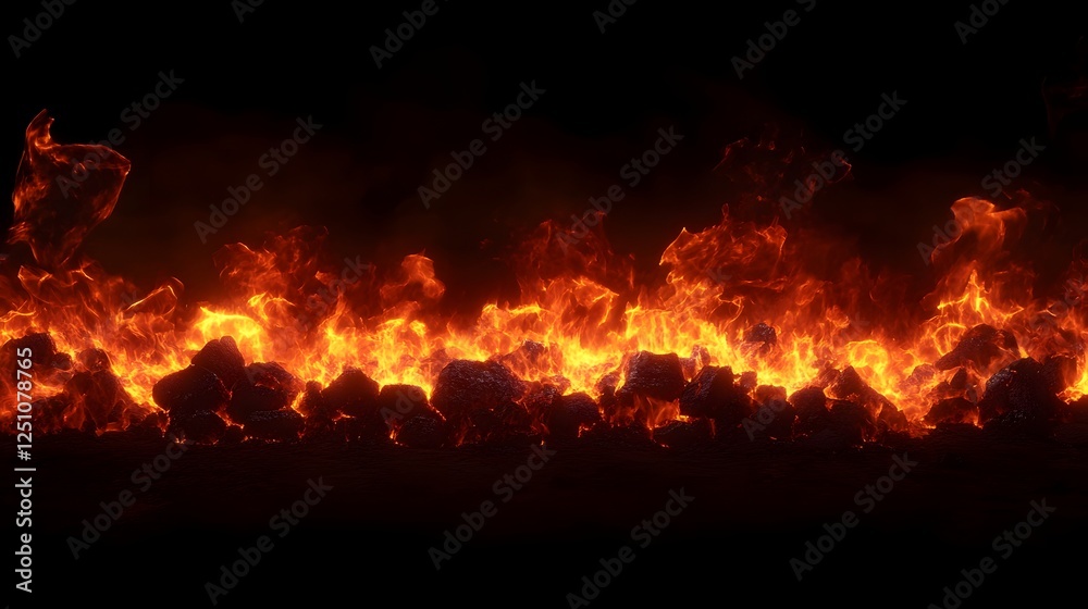 Poster a powerful and intense image depicting a raging inferno of flames and fire engulfing a landscape in 