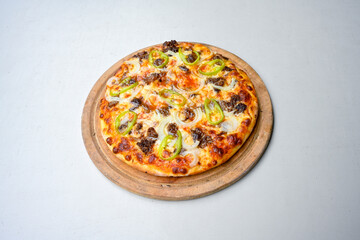 Traditional Turkish cuisine. Pizza, pita, pidesi, sucuk, hummus, kebab. Many dishes on the table. Serving dishes in restaurant. Mix, formaggi, veggie pizza. Top view, flat lay