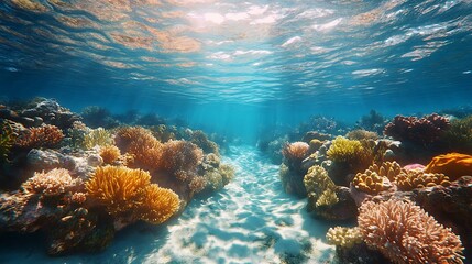 Naklejka premium Sunlight coral reef marine underwater layout high resolution hd picture