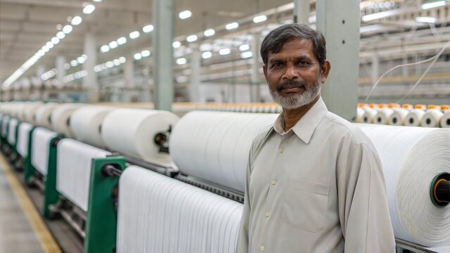 smile Indian Factory Worker with uniform in Textile Mill Portrait – A worker in a textile factory, standing beside machinery, with yarn or fabric in the background.