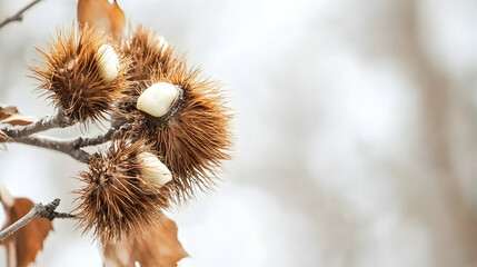 Close up of chestnuts growing on the tree branch. Autumnal scene in a forest. For food, agriculture, nature, or seasonal topics