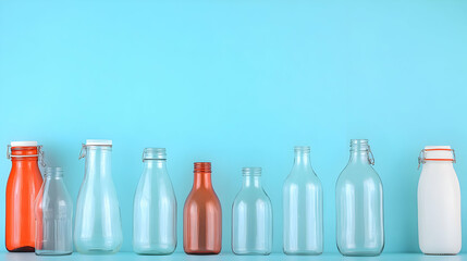 Collection of glass bottles displayed on a shelf against a blue background, for use in articles or packaging designs