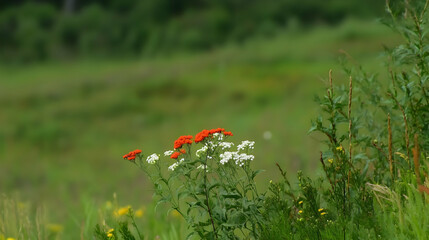 Colorful Achillea blooms in a field, their vibrant contrast for summer nature guides, botanical studies, or idyllic rural scenes