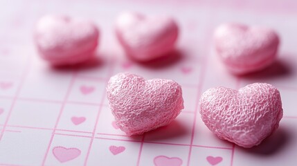 Fototapeta premium Top view photo of small pink hearts marked on the calendar, sanitary napkins, and tampons with copyspace on an isolated pastel pink background.