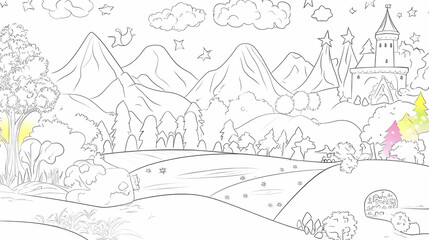 Coloring page Fantasy castle and mountains landscape background scene in black and white. Illustration for kids activity book