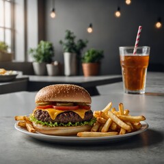 Here is the food photography scene featuring a delicious cheeseburger with crispy French fries. Let me know if you want any adjustments or a different style