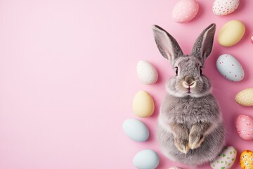 Fototapeta premium Gray rabbit on a pink background among Easter eggs. Easter and spring celebration concept. Spring card with space for text