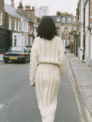 Fototapeta premium A woman with curly hair walks down a quiet street wearing a cream-colored cable knit sweater and skirt. The street is lined with traditional brick houses and parked cars.