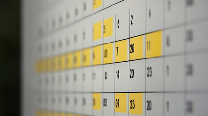 Detailed calendar close-up displaying scheduled dates and events with vibrant colors, emphasizing important days and organized planning for effective time management