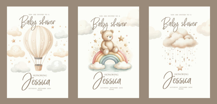 Naklejki Set of Watercolor New born baby shower invitation. Greeting card with teddy bear, Hot Air Balloon, clouds and stars.
