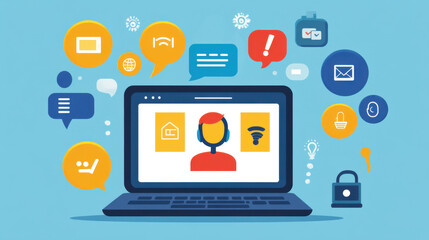 Fototapeta premium Colorful digital support concept with laptop, headset, communication icons, and social media elements illustrating online assistance and user interaction