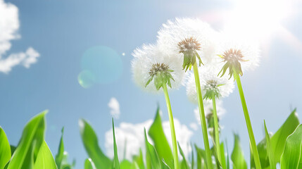 Dandelions in summer, reaching for sunlight, with clouds in the sky, used in botanical illustrations, educational content, and nature promotion