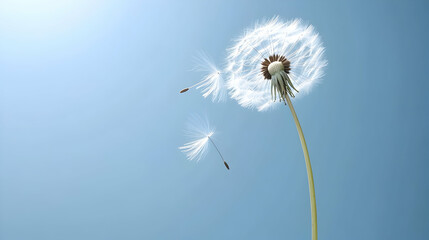 Fototapeta premium Dandelion seeds spreading in sky for nature concept. Serenity or hope of change of dream