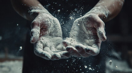 Fototapeta premium Hands Covered in Flour with a Dust Cloud Creating a Dynamic Cooking Scene in a Dark, Rustic Kitchen Atmosphere