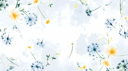 Delicate floral watercolor, blue and yellow flowers, green stems. Soft dreamy background. Ideal for invitations, backgrounds, or presentations