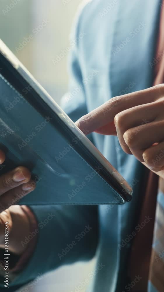 Poster scroll, tablet and hands of business person in office for email response, connection and client feed