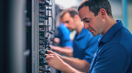 Focused IT Professional Working on Server Maintenance in a Modern Data Center with Equipment and Technology Highlights for IT Industry Stock Photography