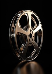 Obraz premium Close-up of a car wheel. the wheel is made of metal and has a shiny, metallic finish. it has a unique design with multiple spokes radiating outwards from the center, creating a star-like pattern.