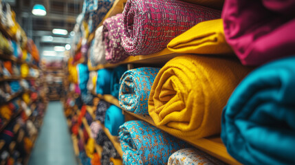 Fototapeta premium An array of neatly arranged rolled fabrics in a warehouse setting, featuring vibrant colors and patterns, perfect for textile enthusiasts