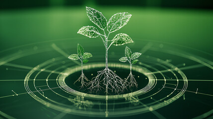 A small plant with four visible branches and roots, shown as a wireframe structure with lines and dots, surrounded by three concentric geometric shapes. The green background reflects daylight, creatin