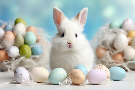 White Easter bunny sitting on blue bokeh background surrounded by colorful eggs celebrating Easter holidays with space for text