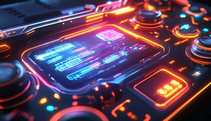 Obraz premium Close-up of futuristic gaming console glowing with RGB lights and a digital interface display