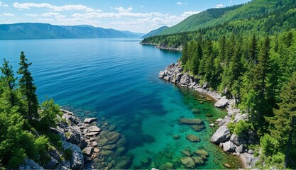 Fototapeta premium Serene Lake Landscape with Crystal Waters and Evergreen Shores