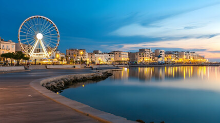 Obraz premium Ferris wheel illuminates coastal Italian town at twilight, reflected in calm bay for tourism promotion or scenic vista background