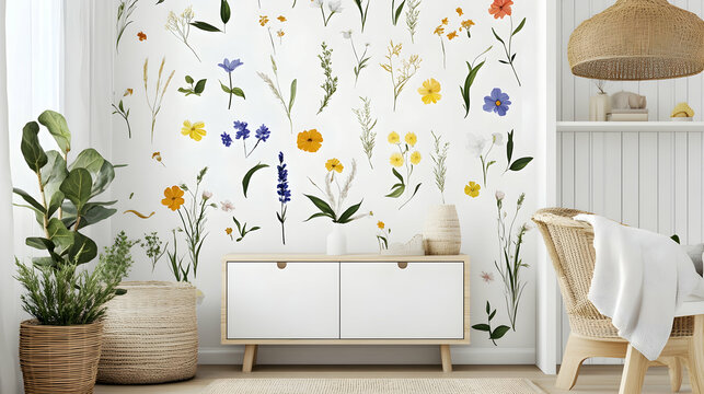 Floral accent wall in an elegant room. Furniture and plants enhance the peaceful scene. Home decor ad material or interior design blog use