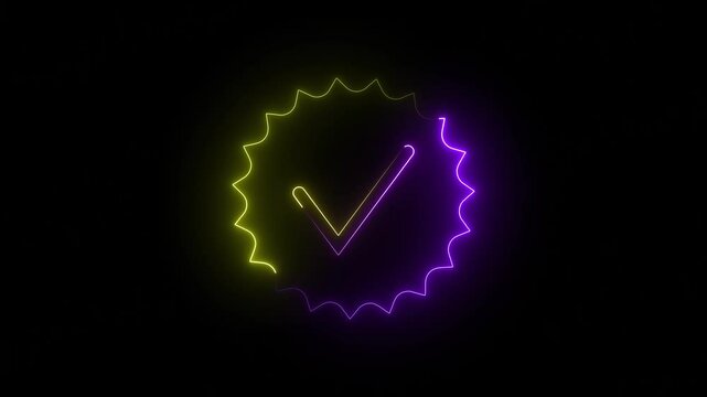 Neon yellow and purple Profile verification blue check mark icon. Alpha channel. Social media check mark 4k footage