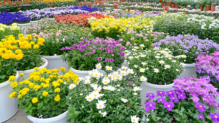Floral display with colorful potted flowers in a garden center, plants in pots in a garden shop for gardening design, floral background