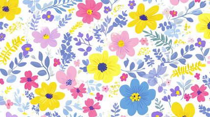 Floral pattern in bright colors on white, spring feeling, background image for website or wallpaper, textile, gift paper