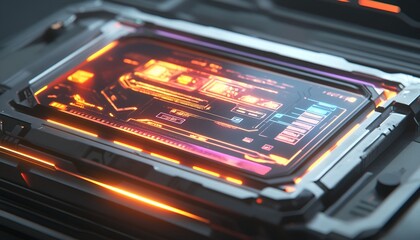 Close-up of futuristic gaming console glowing with RGB lights and a digital interface display