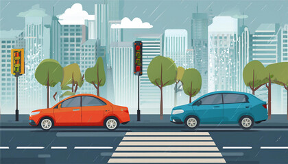 rainy city street scene vehicles pedestrians traffic signal