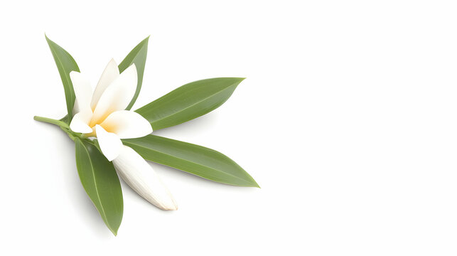 Fragrant white champak flower with leaves on a plain background, possibly for beauty, wellness, or design purposes