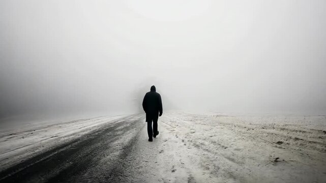 Solitary figure walks through foggy winter landscape. Blanket of snow, mysterious atmosphere. Loneliness, solitude. Alone man walking to nowhere. Life path concept.