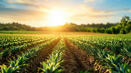Sun-Kissed Pineapple Farm Under a Vibrant Sky at Dawn, Rows of Pineapples Stretching Into the Horizon with Glorious Sun Rays Illuminating the Scene
