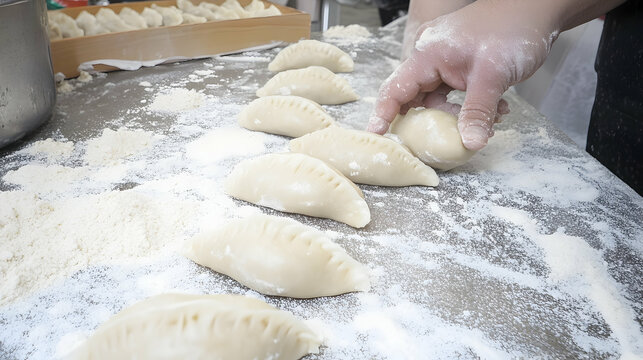 Handmade dumplings preparation at a restaurant dough being molded on a floury table, for cooking oriental cuisine