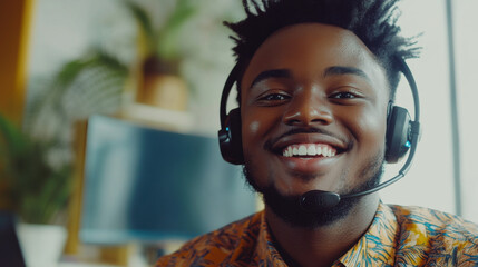 Cheerful young professional with headset in vibrant shirt, engaging in remote communication, showcasing modern workspace and positive work atmosphere
