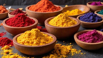 Festive bowls of colorful gulal powder on decorated table, celebration, Holi