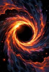 Glowing fiery vortex with swirling cosmic clouds in deep space. Abstract sci-fi space illustration of black hole with luminous plasma rings. Astronomy and cosmic energy concept for design and print