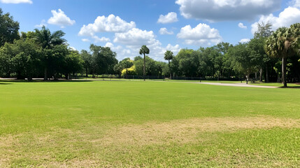 Lush green field park on a sunny day with trees and sky for recreation, relaxation, or outdoor advertising backdrop