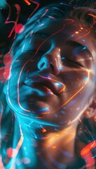 Naklejka premium Stress Relief Concept: Relaxed Expression with Glowing Energy Patterns for Mindfulness Design