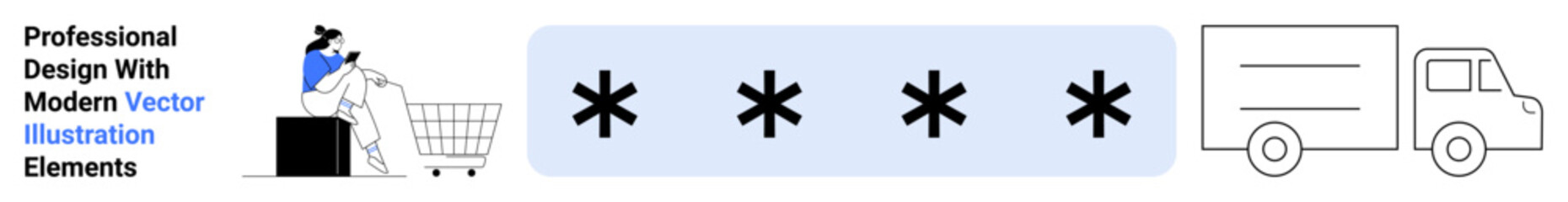 Shopper pushing cart, secure stars, and delivery truck outline. Ideal for online shopping, secure transactions, logistics, delivery services, e-commerce platforms, payment gateways flat landing page