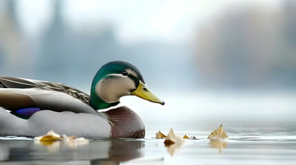 Fototapeta premium Mallard duck swims serenely on a misty lake with autumn leaves; for nature blog, conservation article, or wildlife photography promotion